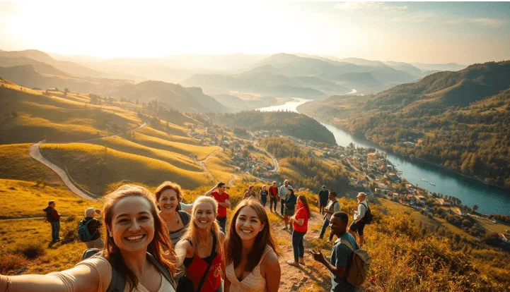 A vibrant landscape of rolling hills, winding paths, and serene waterways, bathed in warm, golden sunlight. In the foreground, a group of travelers pause to capture the moment, their expressions filled with wonder and joy. The middle ground showcases a diverse array of travelers, each with their own unique story, exploring the scenic vistas and immersing themselves in the local culture. In the background, a tapestry of lush forests, picturesque villages, and majestic mountains, inviting the viewer to embark on their own journey of discovery. The overall atmosphere exudes a sense of adventure, inspiration, and the transformative power of travel.