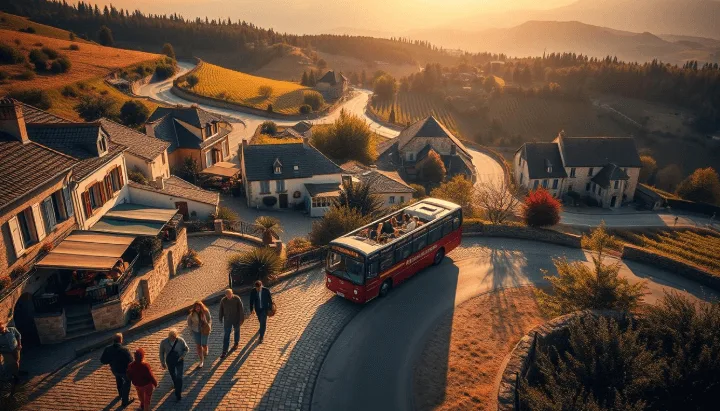 A stunning aerial view of a picturesque French countryside, where winding roads lead to charming villages and tranquil vineyards. In the foreground, a group of travelers stroll along a cobblestone path, admiring the colorful storefronts and quaint cafes. The middle ground features a vintage tour bus, its passengers eagerly anticipating their next adventure. In the background, rolling hills and lush forests create a serene and inviting atmosphere. The scene is bathed in warm, golden light, capturing the essence of a perfect vacation. The overall mood is one of relaxation, discovery, and the promise of unforgettable experiences.